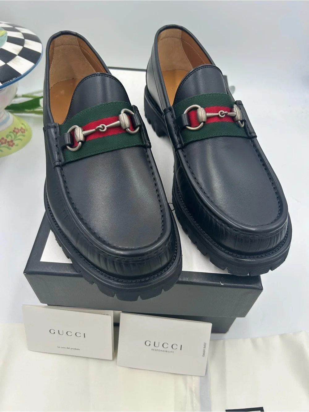 Men's Gucci lug sole web stripe horse bit loafers size 9 fits 9.5 US made Italy
